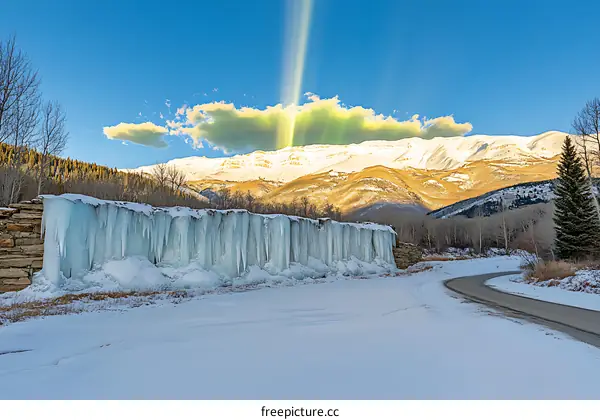 Frozen Waterfall in a Mountain Valley in Winter