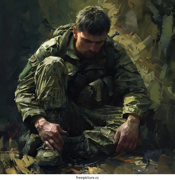 A soldier kneels on the ground, his head bowed in sadness.