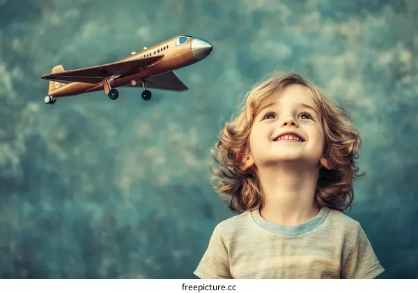 Child Looking Up at a Toy Airplane in the Sky