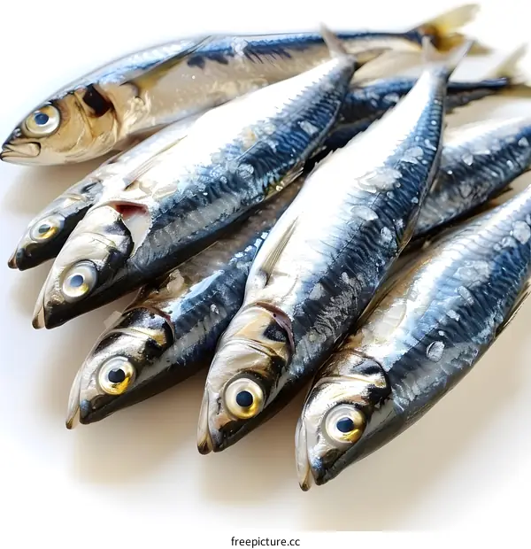A group of fresh mackerels on a white table