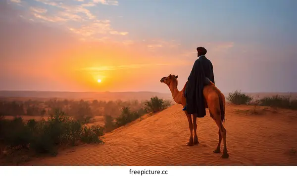 Desert Sunrise with a Camel Rider