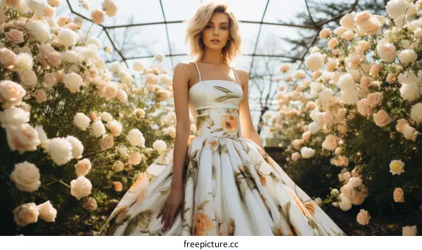 A woman wearing a white floral wedding dress standing in a greenhouse full of flowers
