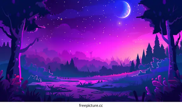 Purple Night Sky With Crescent Moon And Stars Over Forest