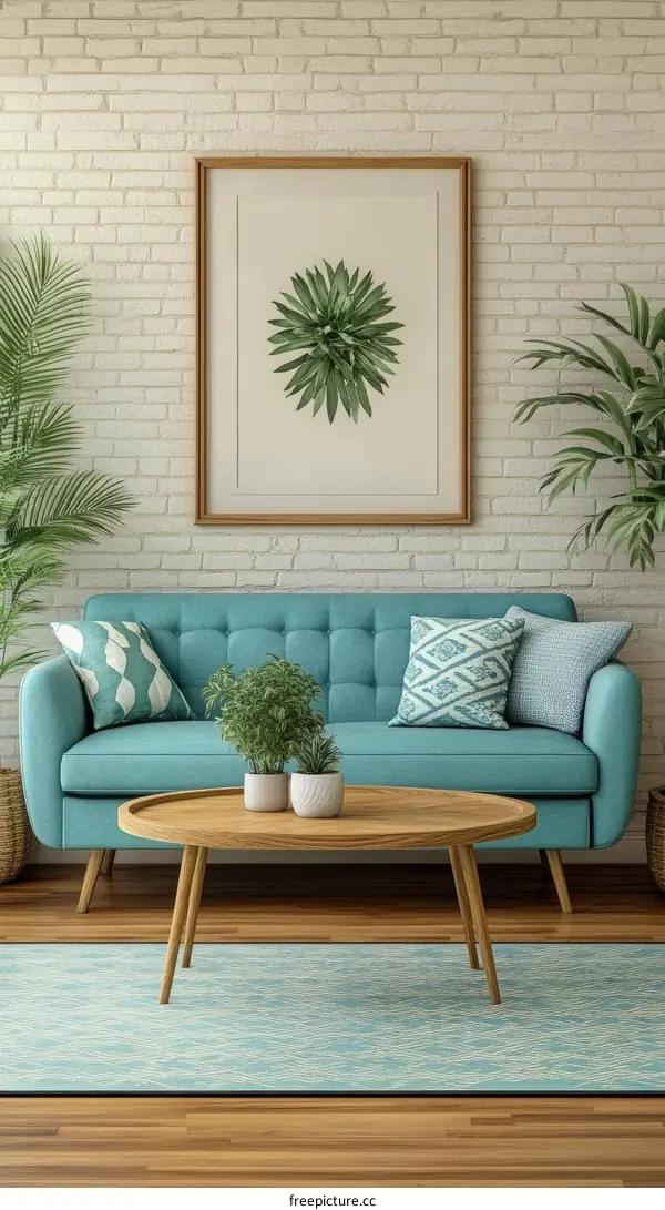 Teal Living Room with Decorative Plants and Art