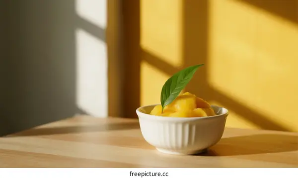 A Bowl of Fresh Yellow Mango Slices with Green Leaf on Wooden Table