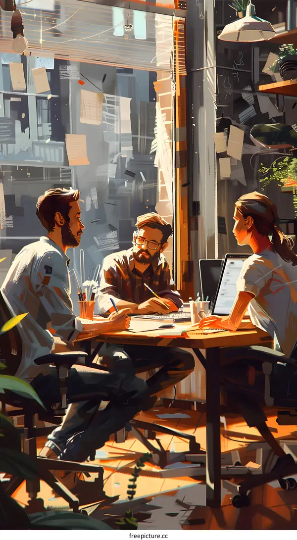 Three people in a meeting