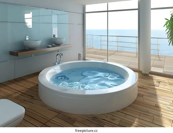 Modern Coastal Bathroom with Round Hot Tub