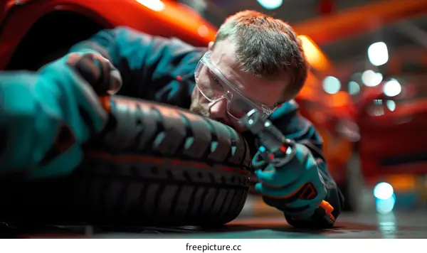 A Caucasian male mechanic is inspecting a tire in a garage