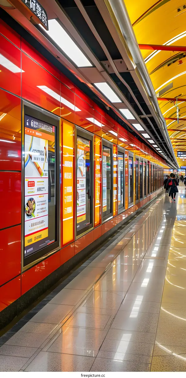 Empty Subway Platform with Red Walls and Digital Advertisement