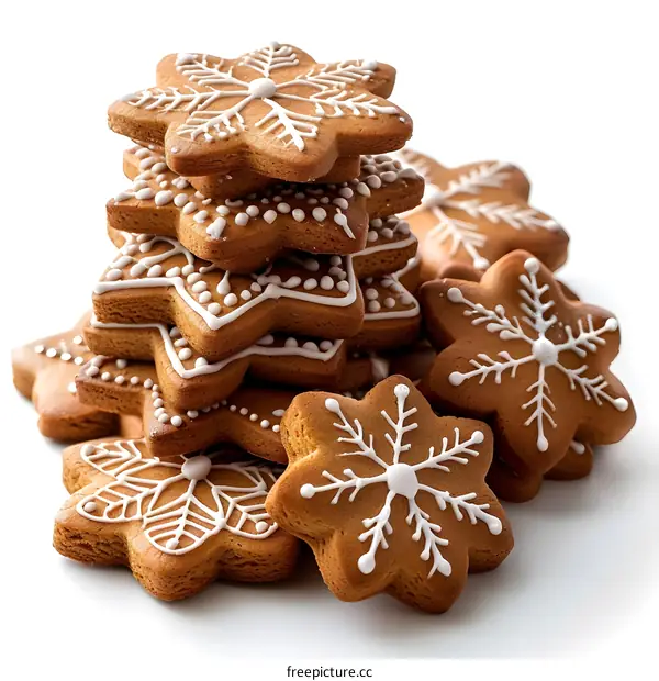 A stack of snowflake-shaped gingerbread cookies