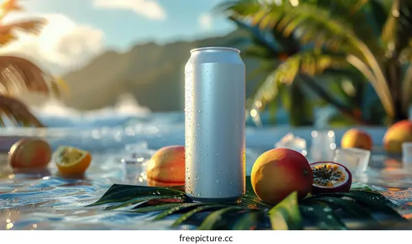 Close-up of a silver can with passion fruit and mango