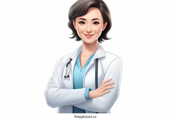 A young Asian female doctor in a lab coat smiling