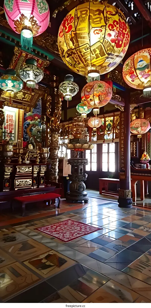 Ornate interior of a Chinese temple with colorful lanterns and intricate carvings