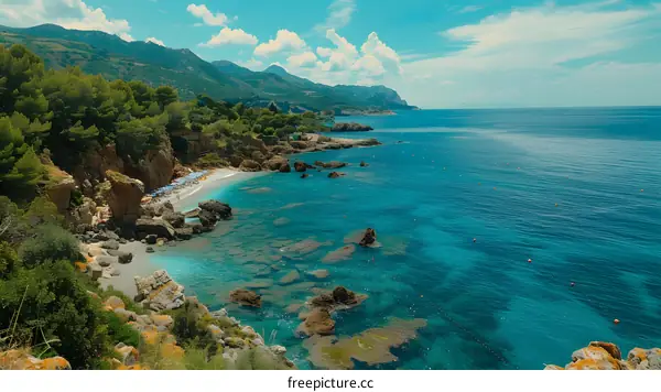Aerial View of a Blue Ocean Coastline with Rocky Cliffs and a Sandy Beach