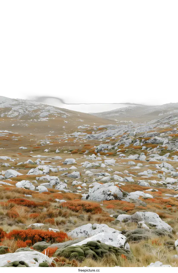 [Transparent Background PNG]Rocky Mountain Landscape with Red Bushes and Fog