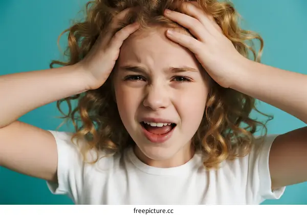Unhappy Curly Haired Girl Putting Hands on Head
