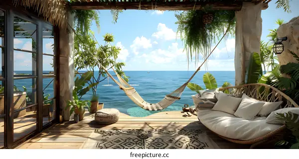 A beautiful view of the ocean from a tropical house