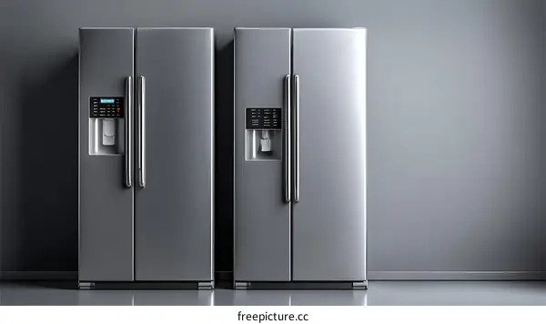 Modern Stainless Steel Refrigerators Against Gray Wall