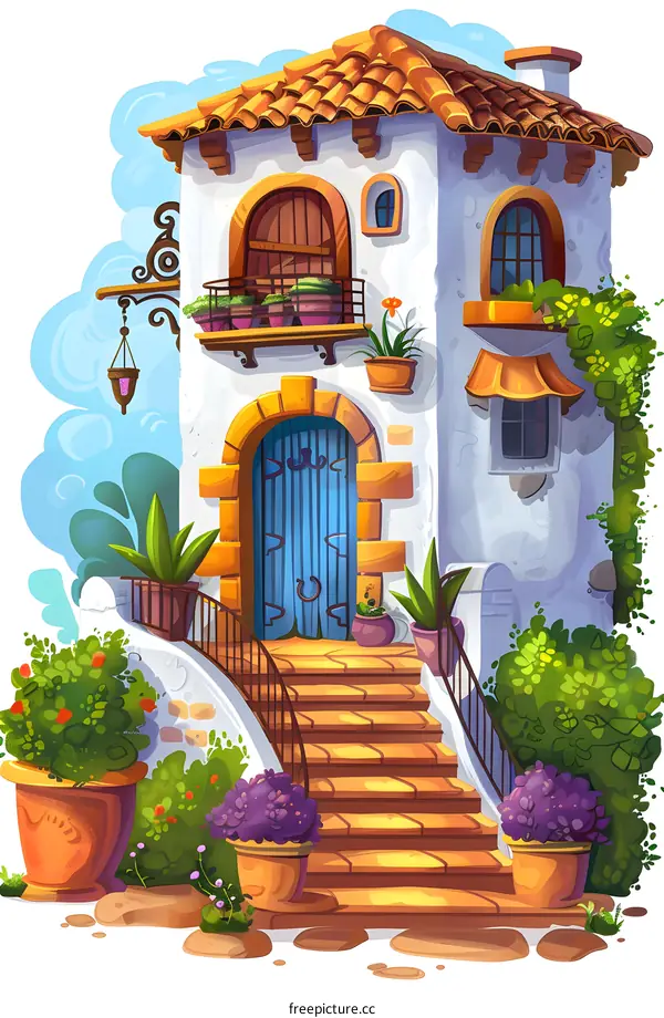 Cartoon Illustration of a White House With a Blue Door and a Staircase