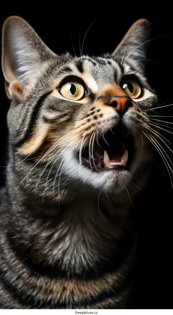 A ginger cat looking up with its mouth open