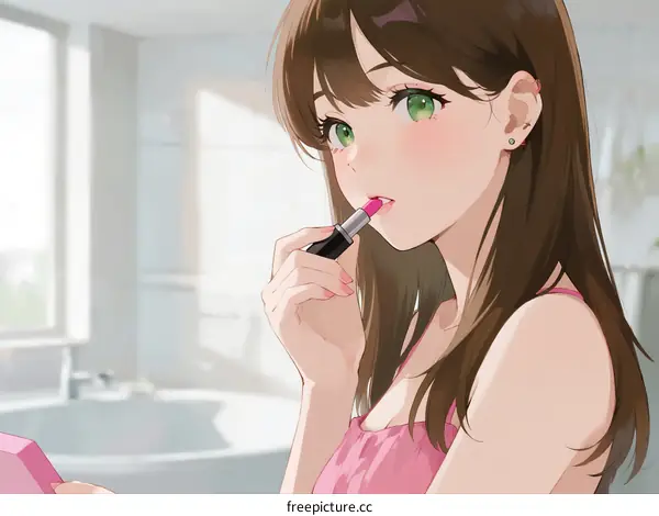 Young Woman Applying Lipstick in Bright Bathroom Setting