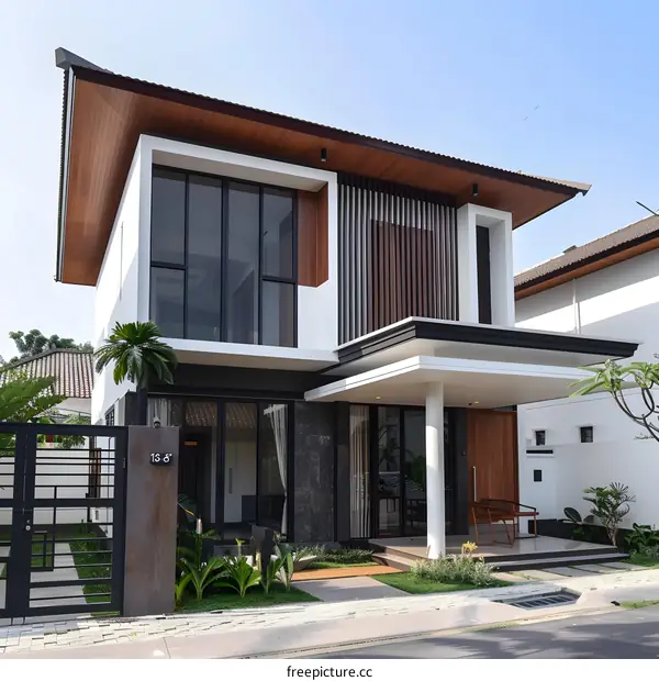 Modern Two Story Home with a Wooden Roof and a Large Window