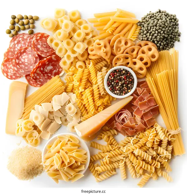 Variety of Pasta with Salami, Cheese and Peppercorns