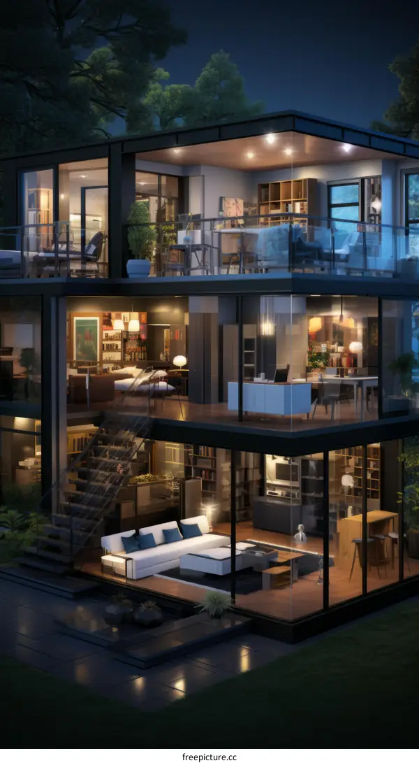 Modern glass house with three floors and a modern interior