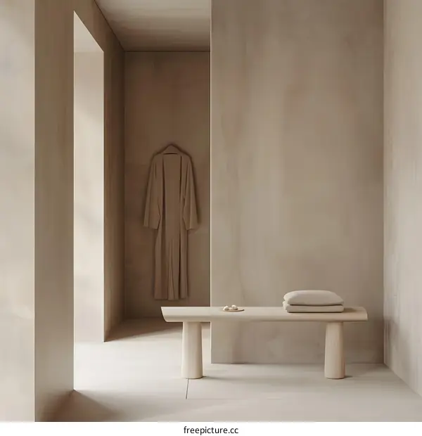 Minimalist Interior Design with Wooden Bench and Robe