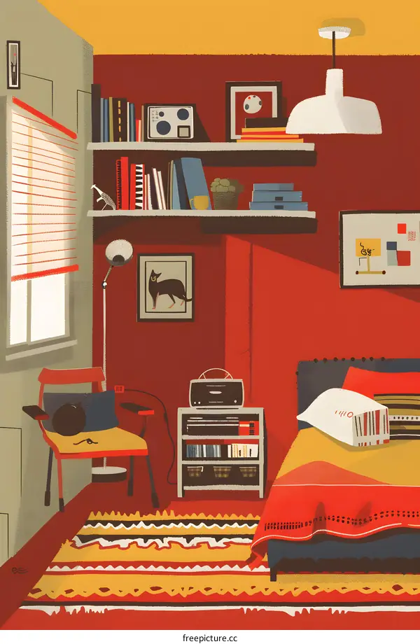Red Bedroom Interior Design with Bookshelf and Bed