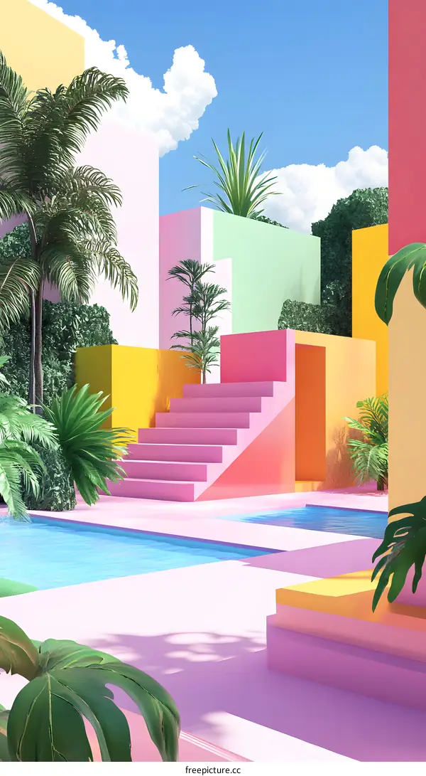 Summertime Poolside Tropical Landscape Illustration