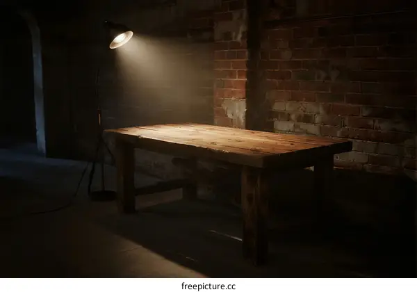 Rustic wooden table illuminated by a single lamp in a brick-walled room
