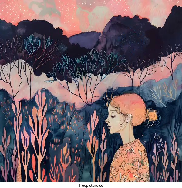 Woman in a Forest Watercolor Painting