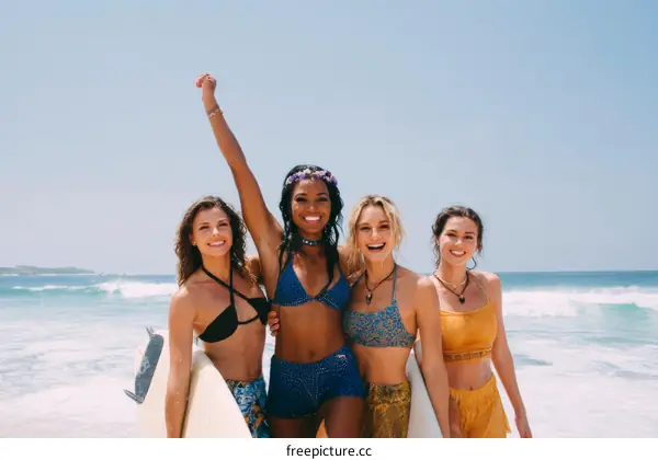 Four Diverse Women Enjoying a Beach Day with Surfboards