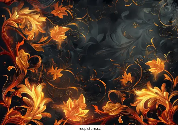 Golden Floral Illustration with Vines on Black Background