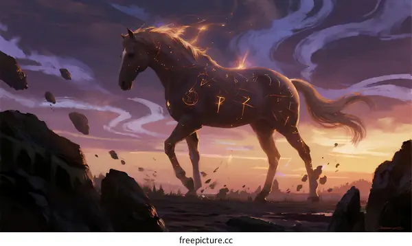 Mythical Horse with Runes Running Through Dramatic Sky at Sunset