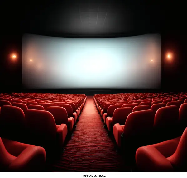 Empty Cinema Hall with Red Seats and Blank Screen