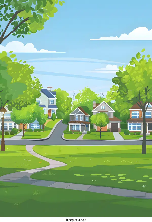 Beautiful Suburban Neighborhood With Green Grass And Trees