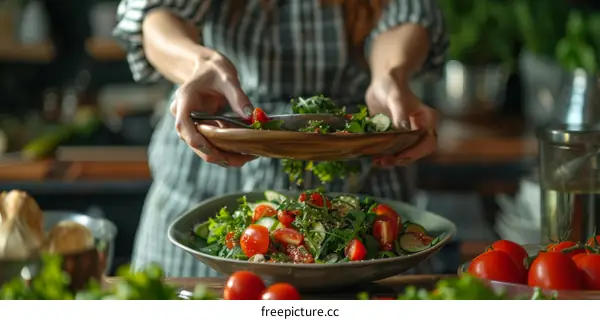 woman in striped dress making salad in the kitchen