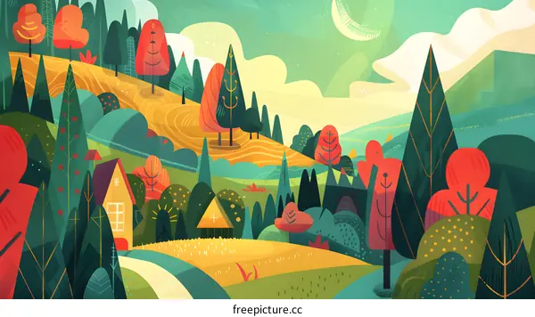 Autumn Landscape Illustration With Cartoon Trees and Houses