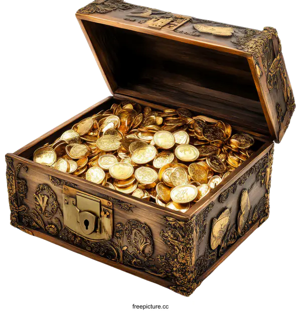 [Transparent Background PNG]Antique Wooden Treasure Chest Filled with Gold Coins