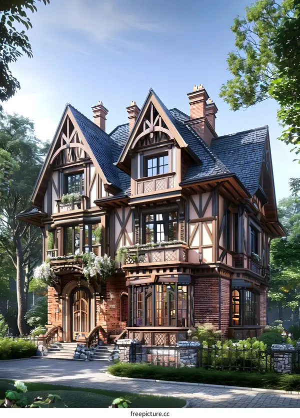 European style house with brick and wood exterior