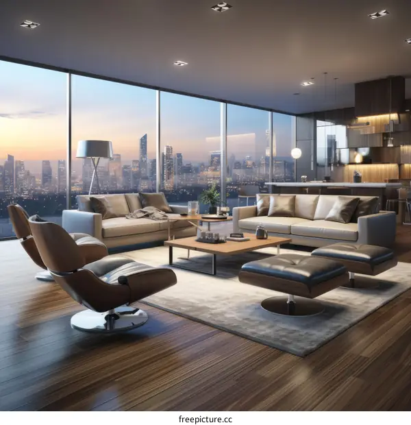 Modern living room interior with city view at sunset