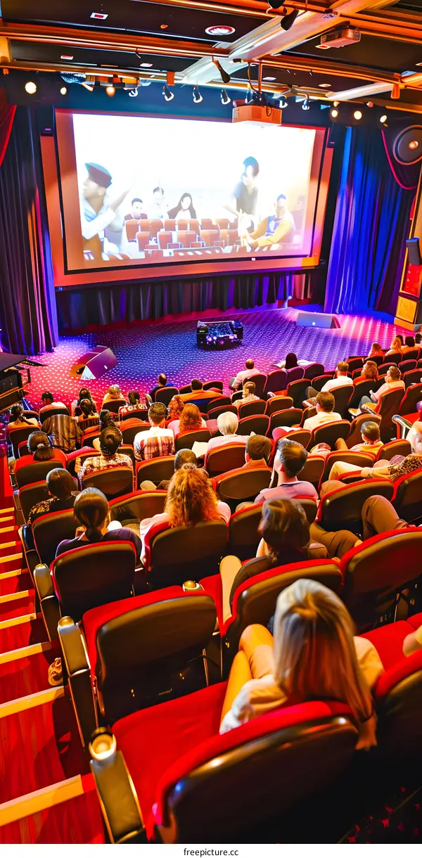 Audience watching a movie on a big screen in a theater