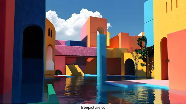 Abstract Minimalist Architecture with Colorful Walls and Pool
