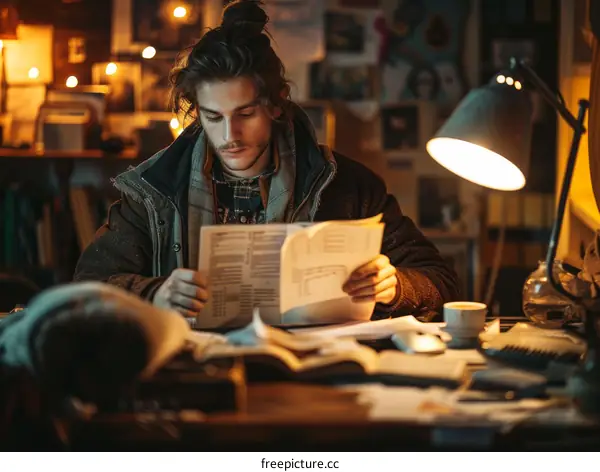 Young male student studying late at night in a dimly lit room