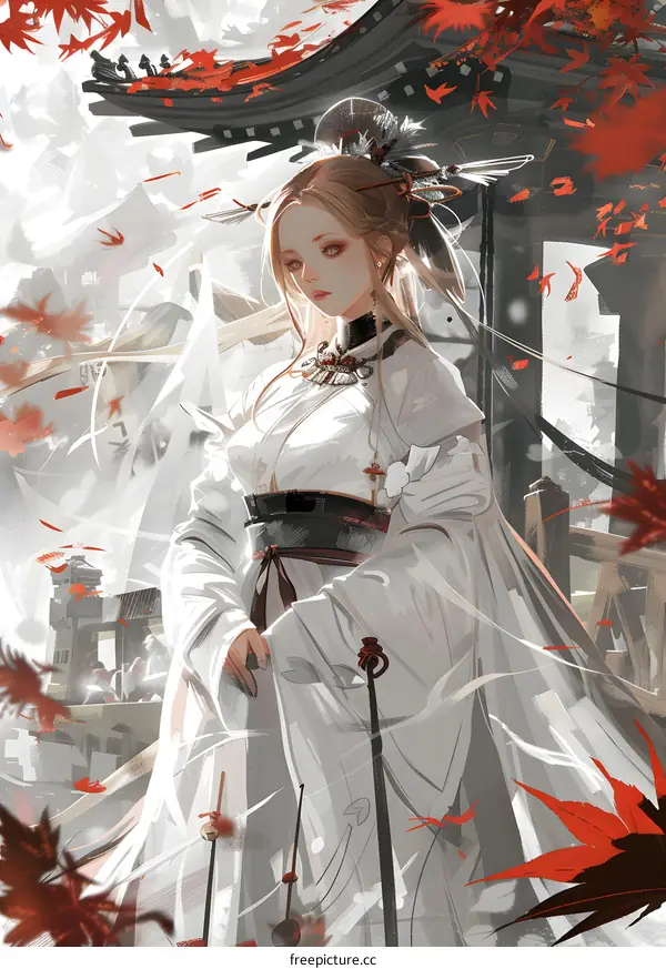 Anime Girl in White Kimono with Red Maple Leaves