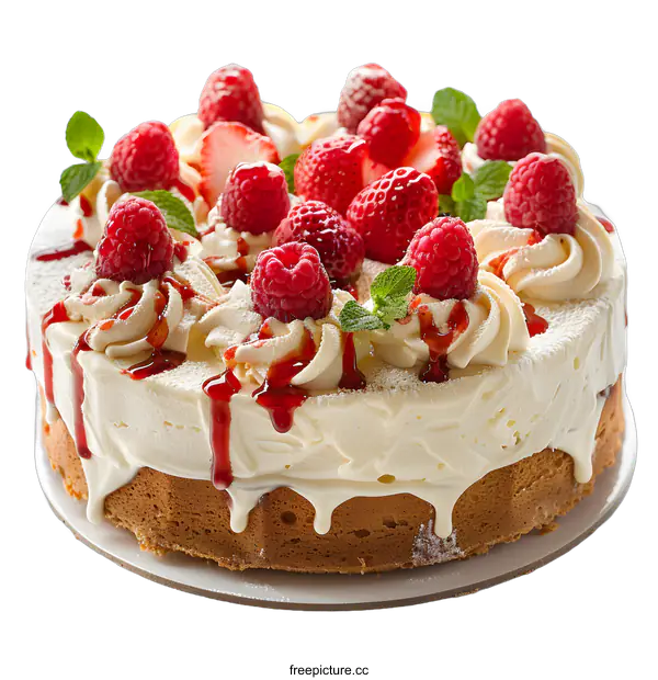 [Transparent Background PNG]A delicious cake with raspberries and strawberries on top