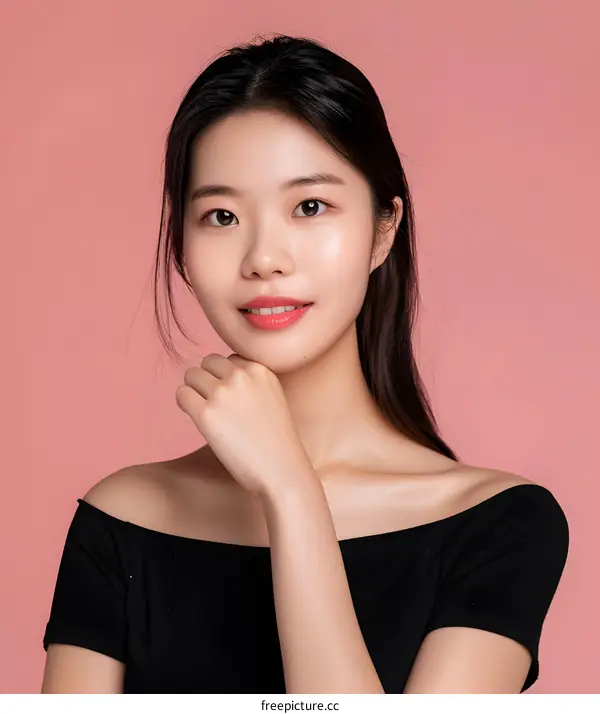 Portrait of a Beautiful Young Asian Woman with Long Black Hair Against Pink Background