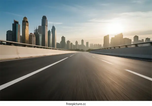 Urban highway with modern city skyline in the background